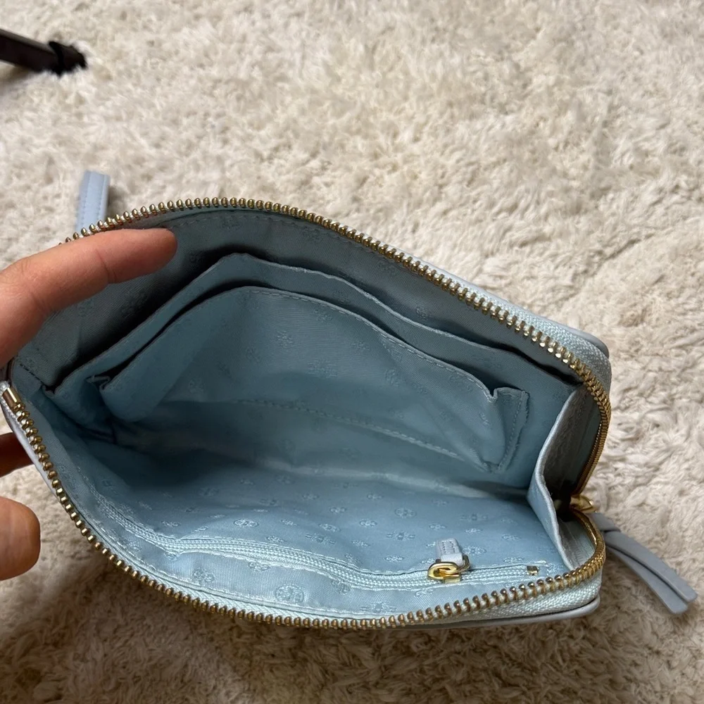Tory Burch Sky Blue Britten Large Zip Pouch Wristlet with Gold Logo
